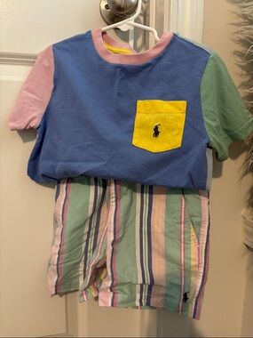 Ralph Lauren Pastel Colorblock Tee with Striped Shorts Set